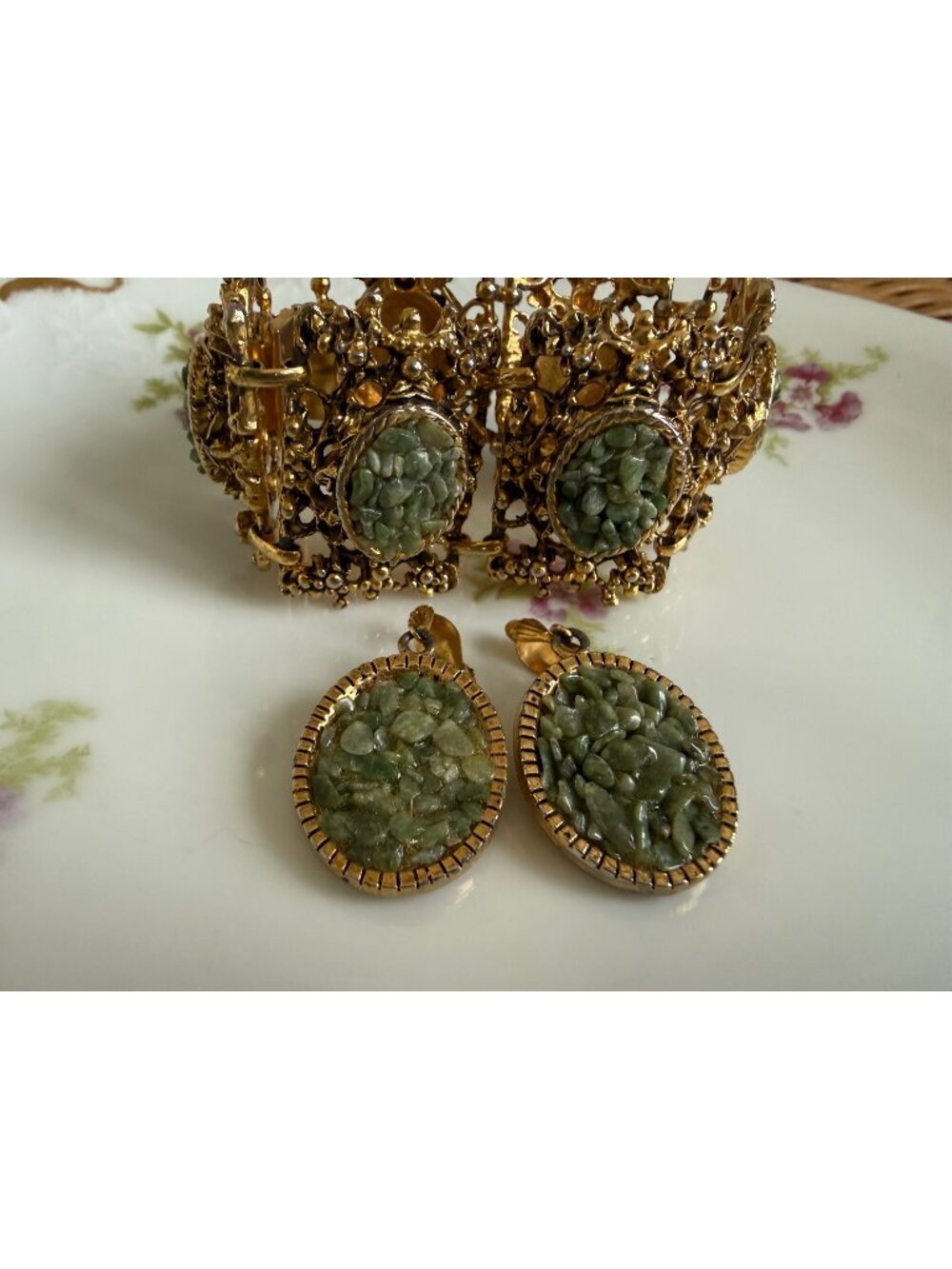 Vintage MCM Jade Chip Bracelet and Earrings Set Brutalist Style